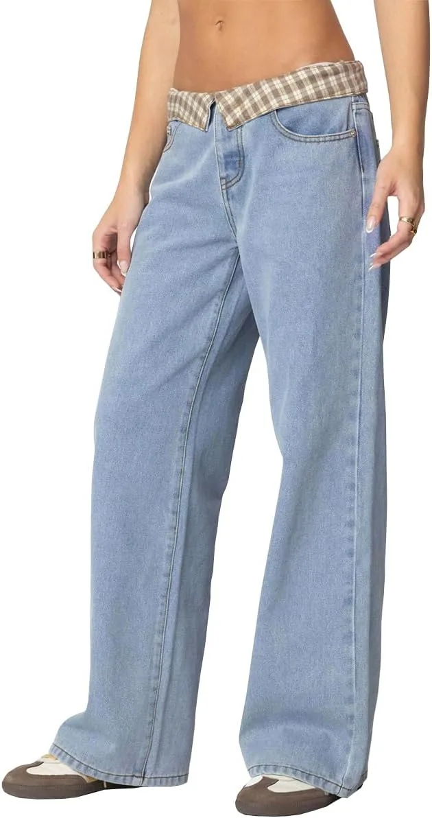 

Женские джинсы Y2k Baggy Straight Leg Mid Rise с клетчатым пэчворком TACSTRUN