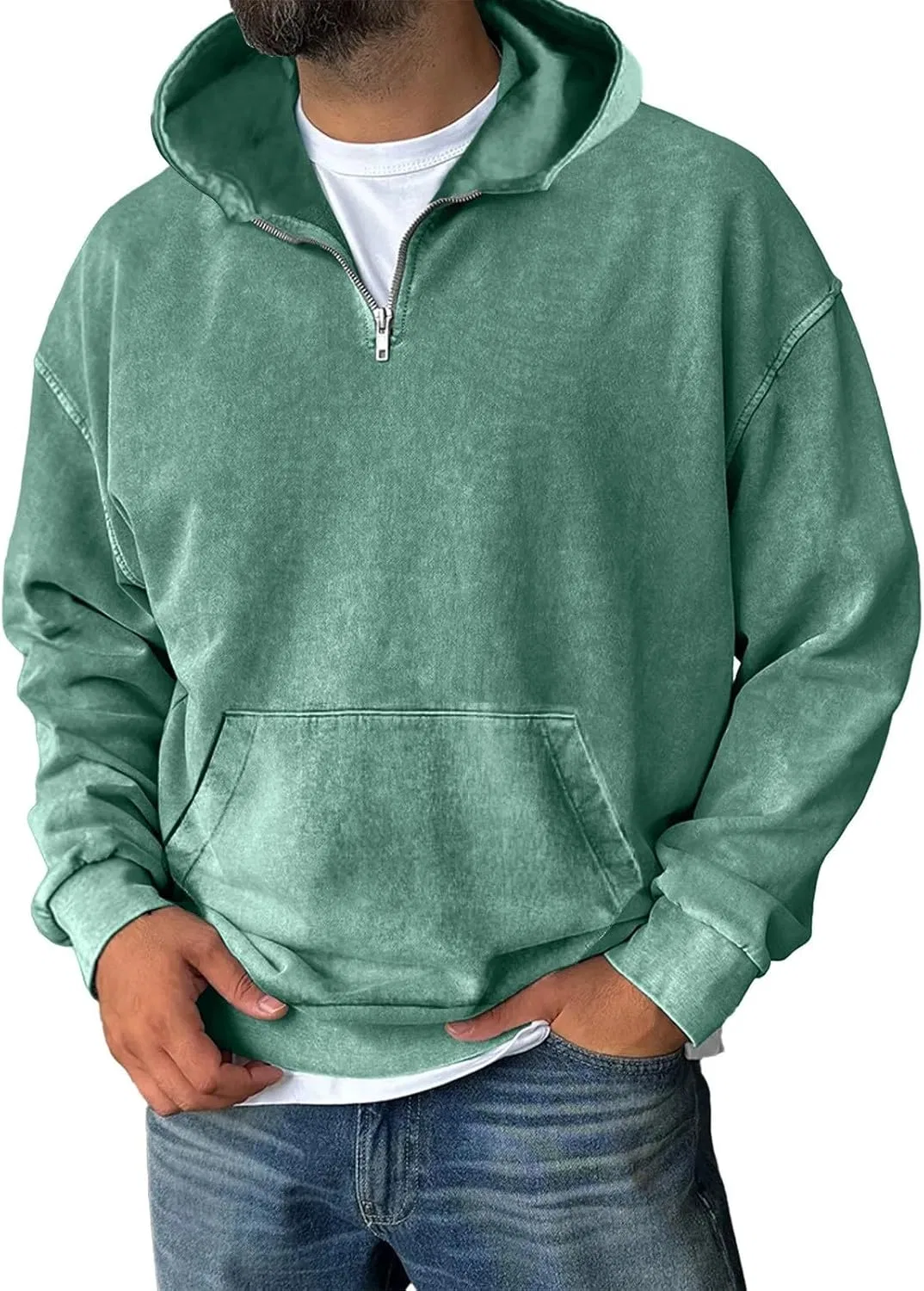 Худи мужское с капюшоном, quarter zip, бренд Generic, цвет Green