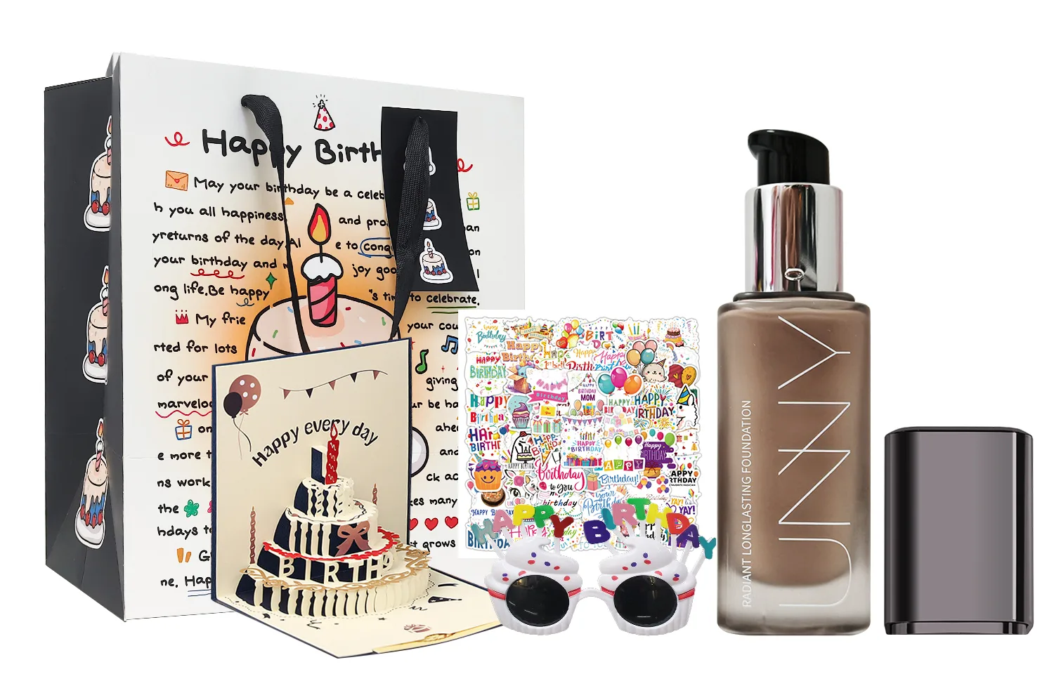 UNNY CLUB Набор косметики для женщин, Birthday Box (Oil Skin N01 Natural+Sunglasses+Greeting Card+Birthday Stickers)