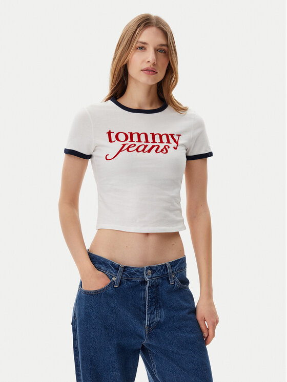

Облегающая футболка Script Ringer DW0DW20631 Tommy Jeans, экрю