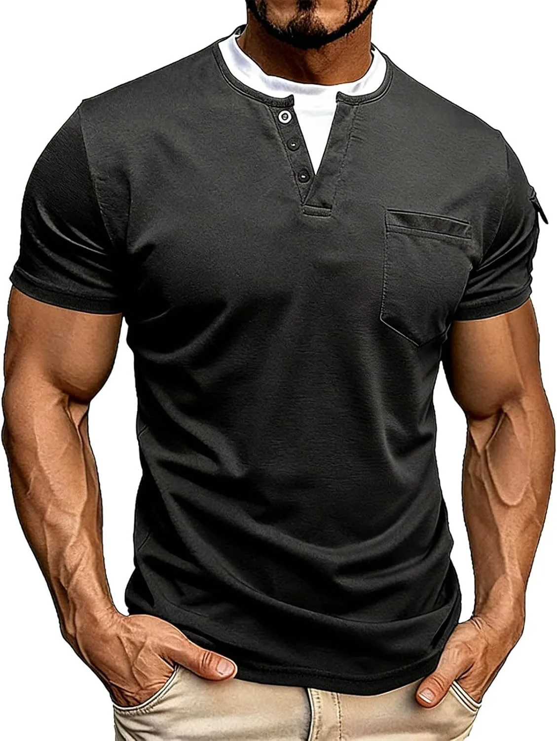 

Мужская футболка Henley с коротким рукавом, легкая, тянущаяся, V-образный вырез