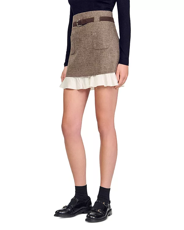 

Мини-Юбка с оборками по низу и поясом Sandro, коричневый