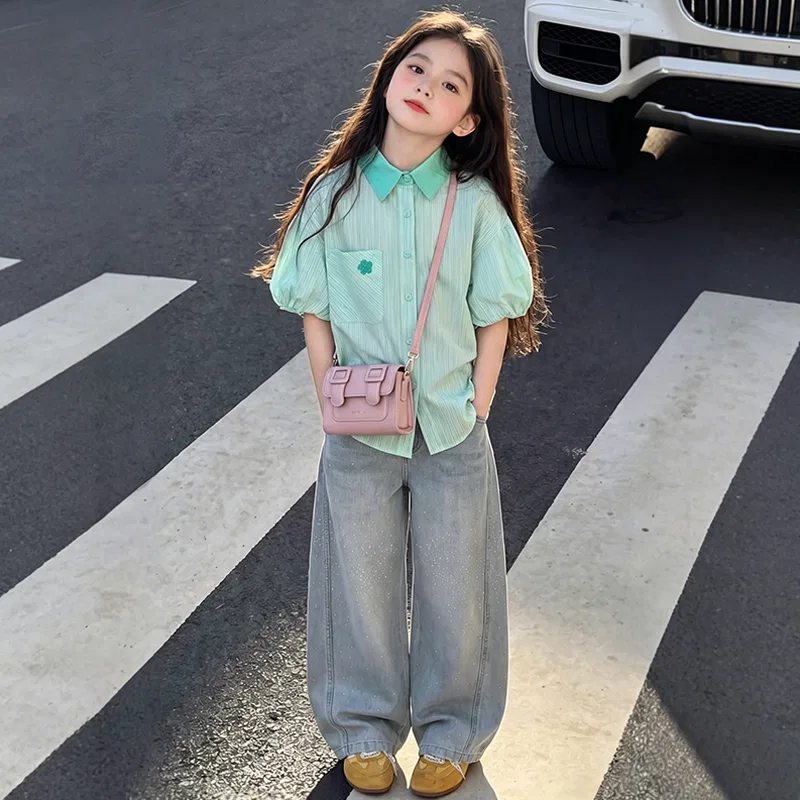 Детская рубашка с полосками Disney Kids Shirts Lapel Thin Non Stretch зеленая — фото 4