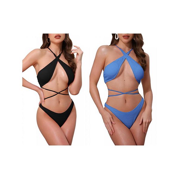 

2 комплекта женского купальника с перекрестными лямками и ребристым трикотажем, 2 шт топ с тонкими бретелями и треугольные трусики Inspire Chic, Black Blue, Черный, 2 комплекта женского купальника с перекрестными лямками и ребристым трикотажем, 2 шт топ с