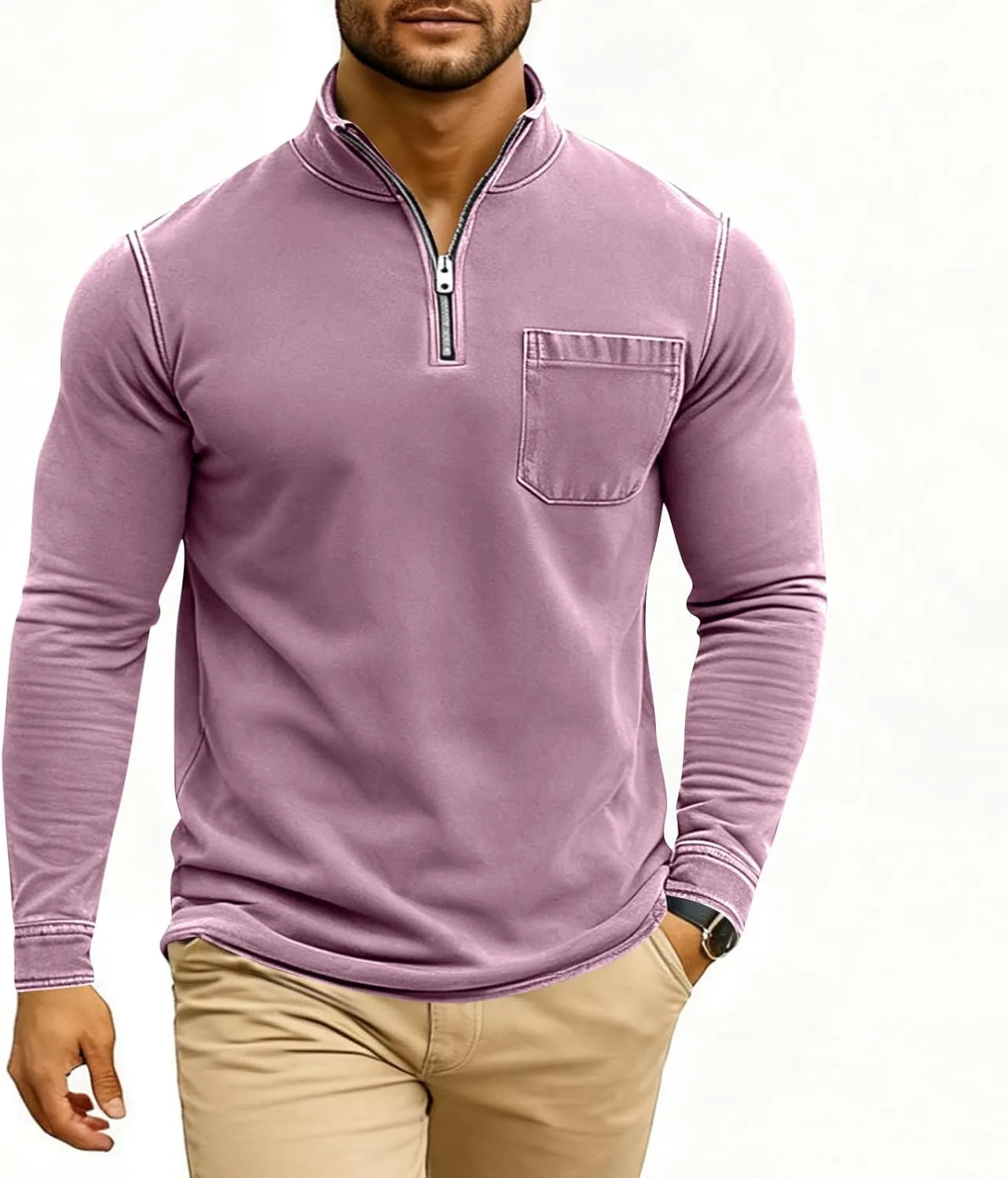 Поло для мужчин, quarter zip, slim fit, длинный рукав, винтажный стиль — фото 2