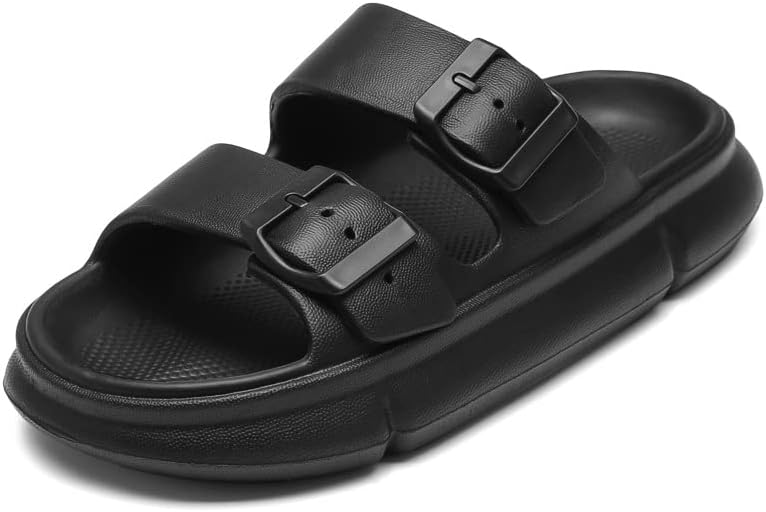 

Тапочки-подушечки для женщин и мужчин, регулируемые шлепанцы с двойной пряжкой, сандалии с толстой мягкой подошвой и открытым носком Fswinder, черный