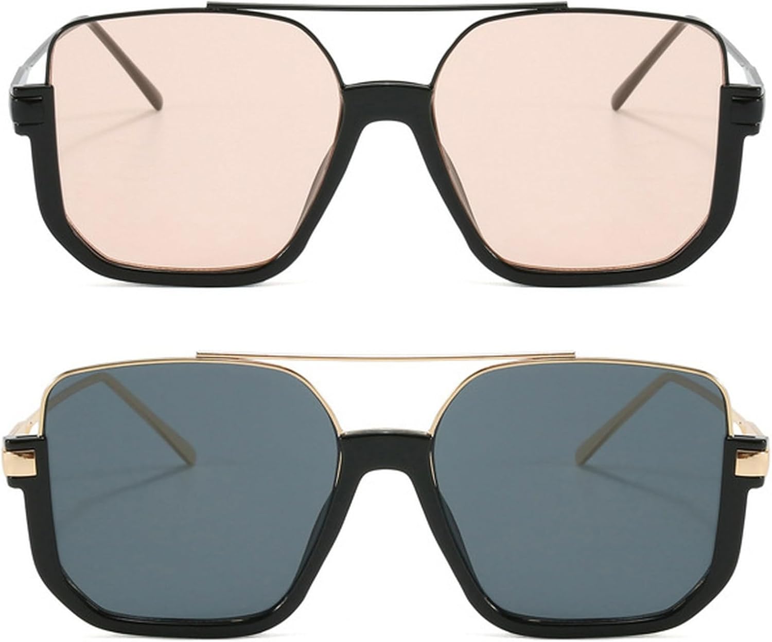 

Винтажные солнцезащитные очки большого размера, модные квадратные очки для мужчин и женщин, стильный и популярный дизайн, защита от ультрафиолета UV400 mincl, 2pcs-champagne&gold Gray