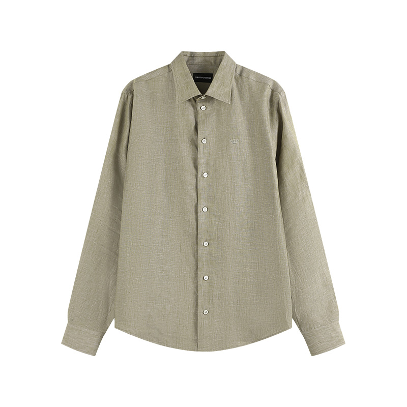 

Рубашка из льна с вышитым логотипом EMPORIO ARMANI, хаки