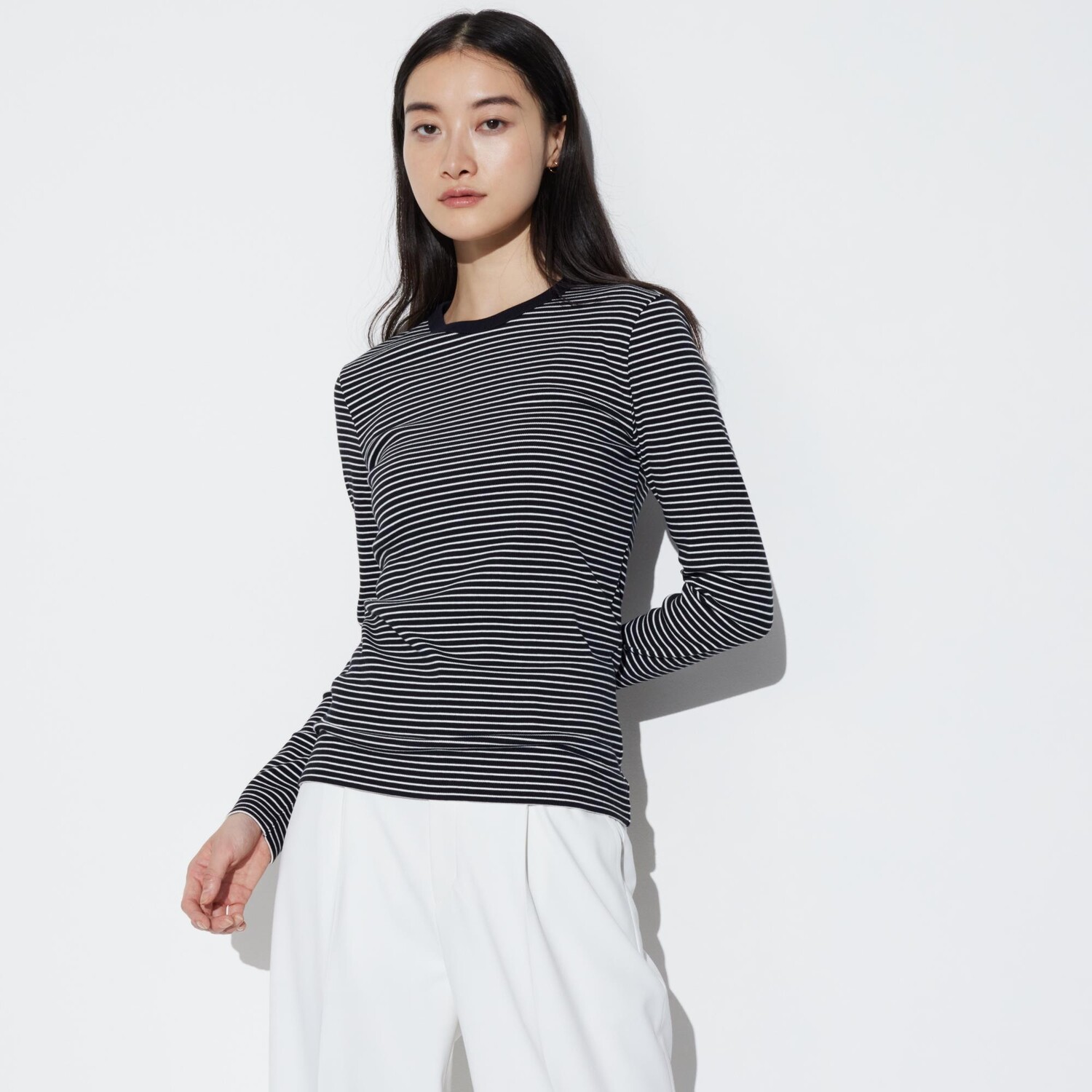 

Футболка полосатая Uniqlo с круглым вырезом и длинными рукавами, черный