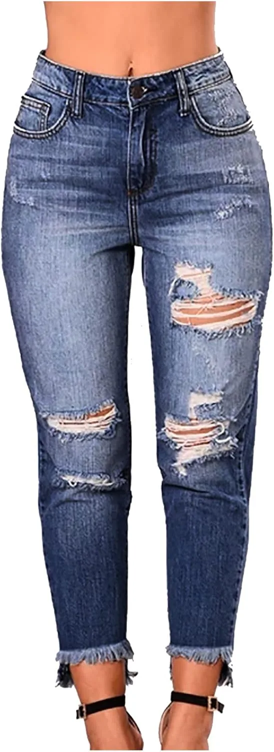 Женские джинсы Mid Waist с потертостями, облегающие, укороченные