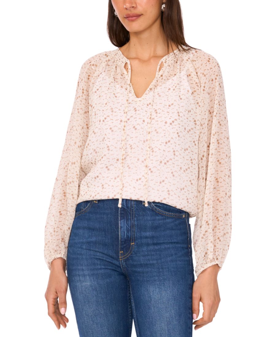 

Женская крестьянская блузка с завязками на шее и сборками, с длинными рукавами Vince Camuto, New Ivory