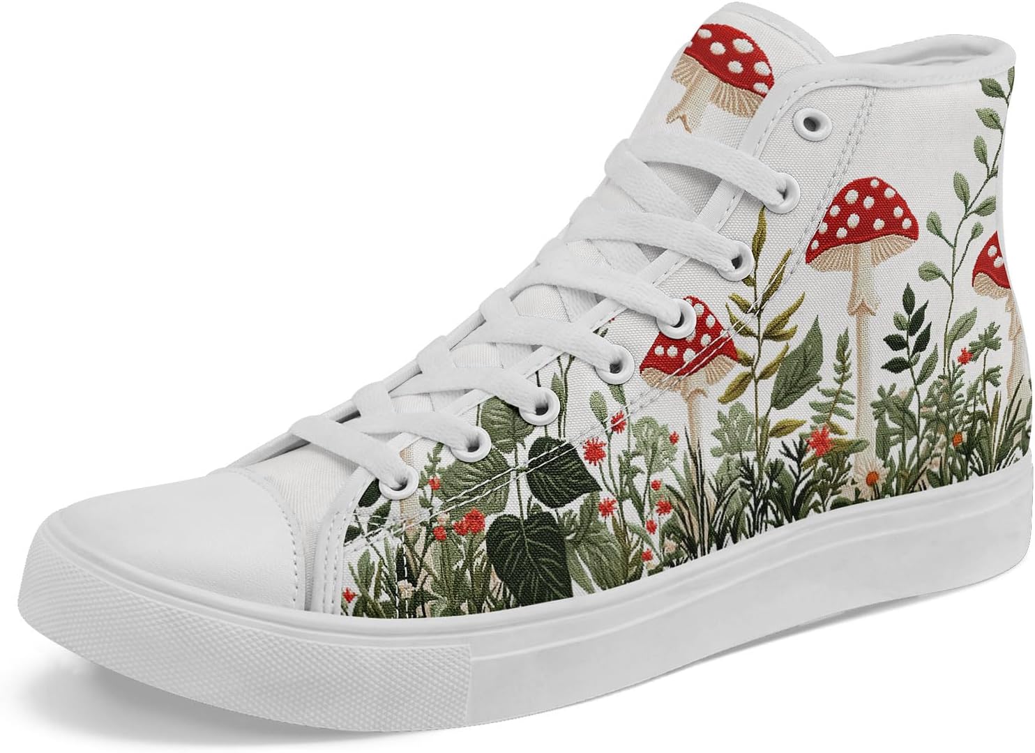 

Женские стильные высокие кеды из холста AWSOLE с принтом цветов и грибов, подарок для нее, легкие модные повседневные туфли на плоской подошве, белый/красный/зеленый