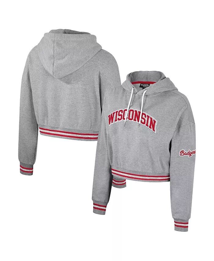 

Женский укороченный свитшот с капюшоном Wisconsin Badgers цвета серый меланж с эффектом потертости и блеском The Wild Collective