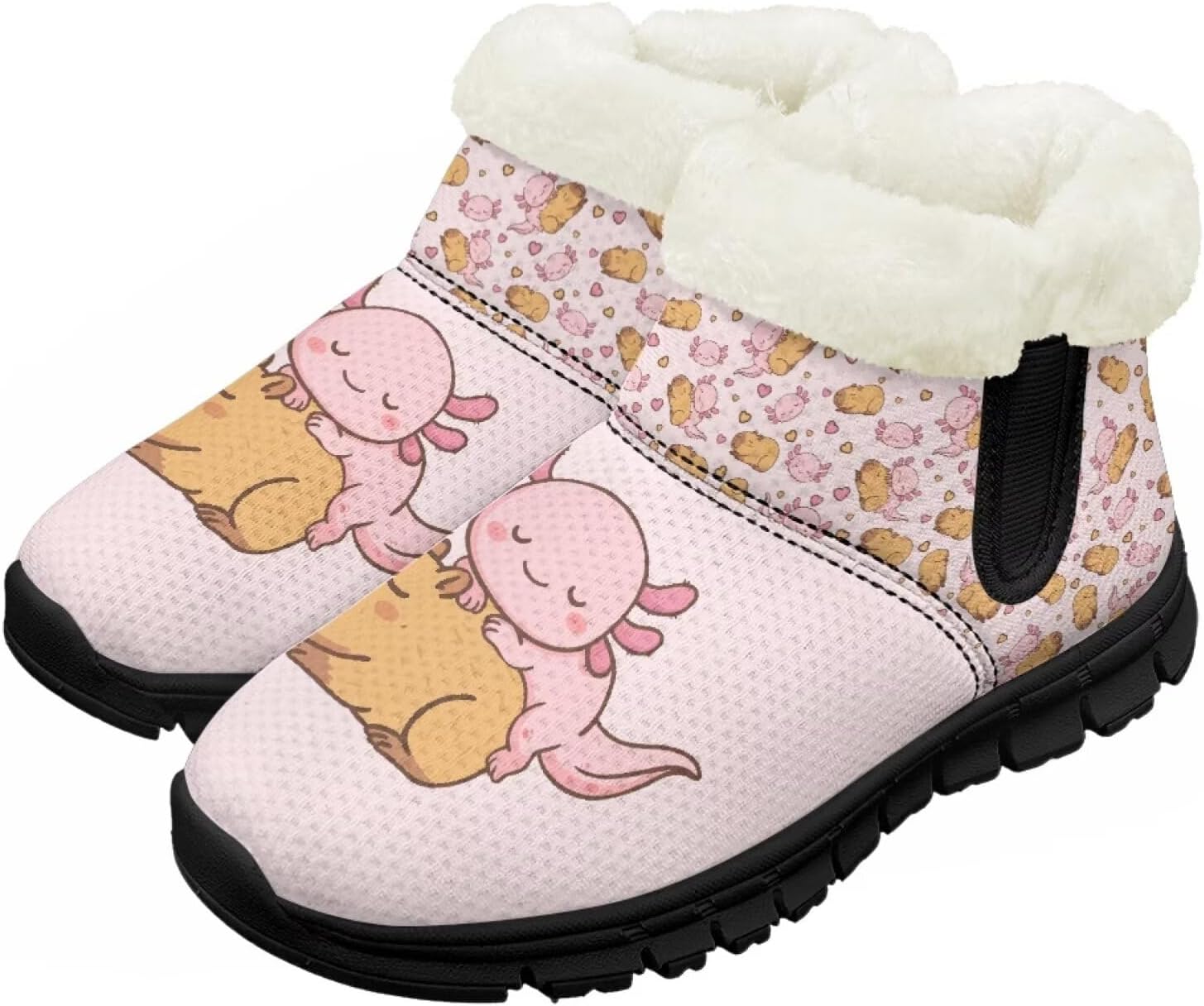 

Детские зимние ботинки, теплые, с противоскользящей подошвой, с амортизирующей мемори-пеной, спортивные, без шнурков, для бега и треккинга, зимние кроссовки Pointodoor, Cute Capybara Axolotl