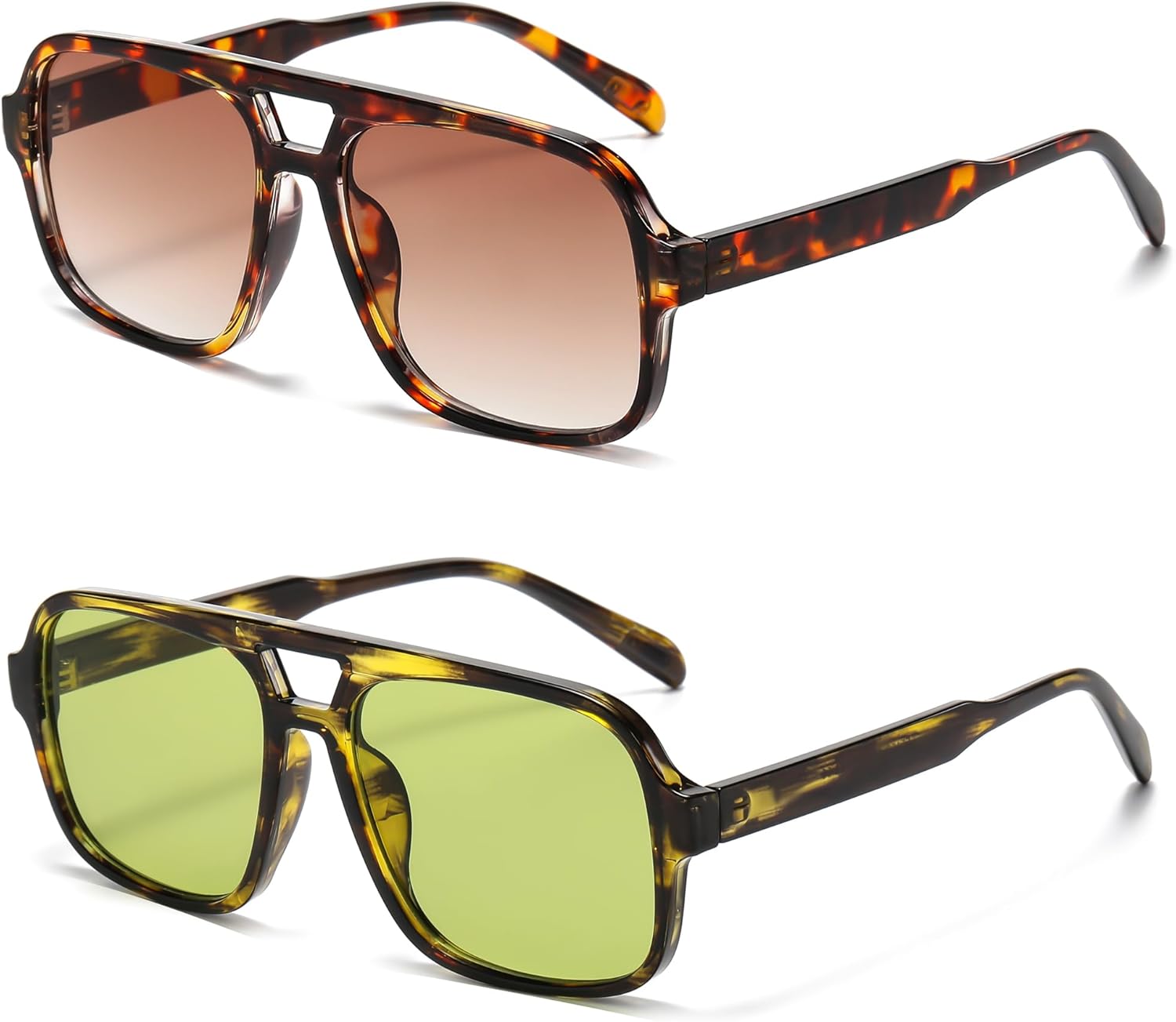 

Солнцезащитные очки Hycredi Retro Aviator для женщин и мужчин, модные квадратные очки, винтажные классические прямоугольные солнцезащитные очки, 2 Pack - (Leopard/Gradient Brown + Leopard/Green)