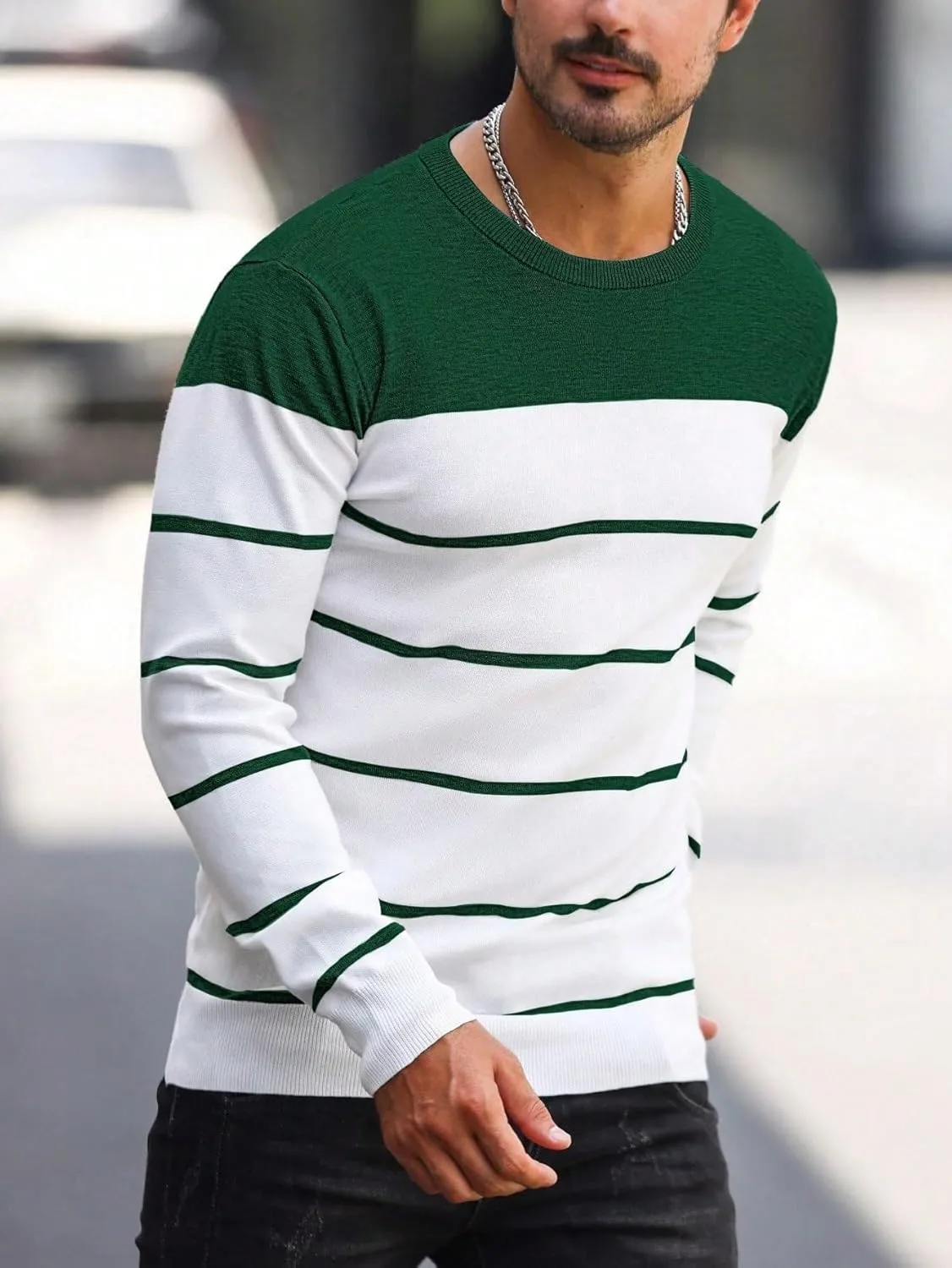 Мужской свитер с круглым вырезом и длинными рукавами, Slim Fit, в полоску — фото 4