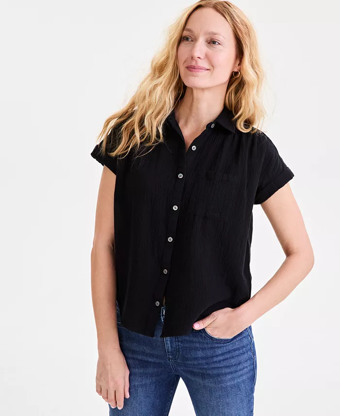 

Небольшая хлопковая рубашка из марли Camp Shirt Style & Co, черный
