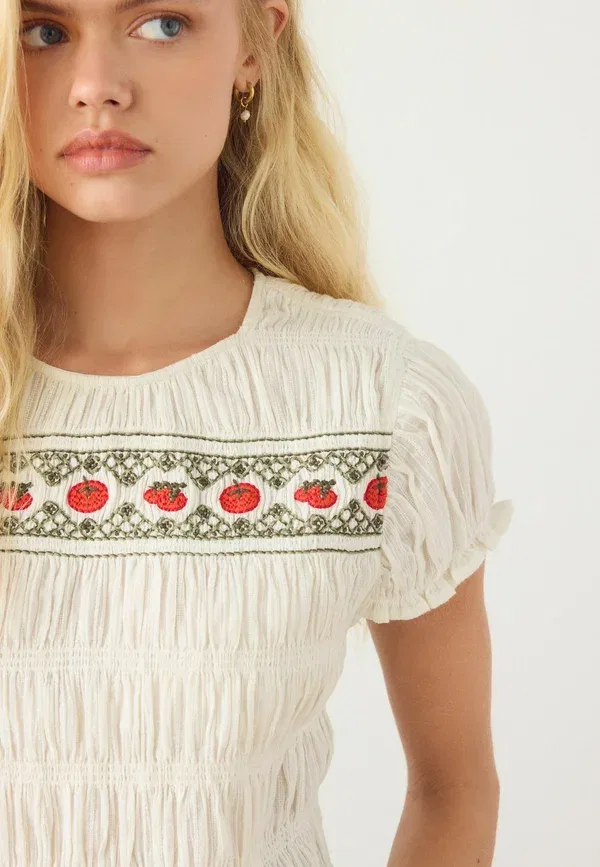 Блуза Regular fit, Next, white tomato embroidered, белый томатный с вышивкой — фото 4