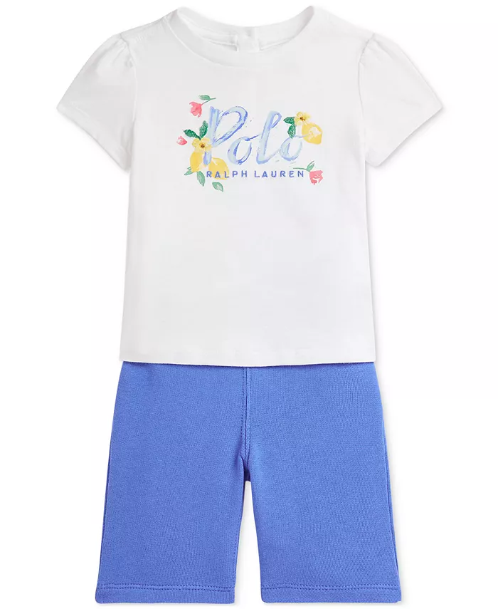 

Комплект для девочек: футболка с цветочным принтом и брюки Polo Ralph Lauren, белый