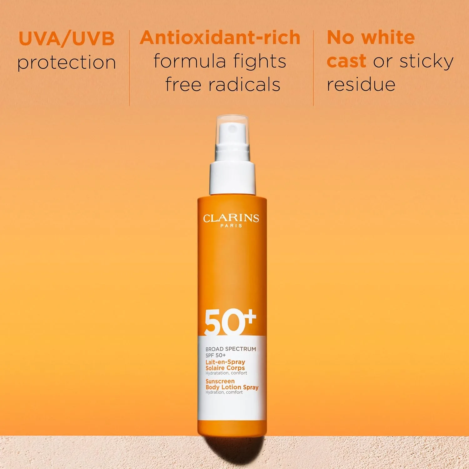 Clarins солнцезащитный лосьон-спрей для тела широкого спектра SPF 50+, защита от UVA/UVB, легкий, без белых следов, с антиоксидантами, для всех типов кожи, 150 мл — фото 2