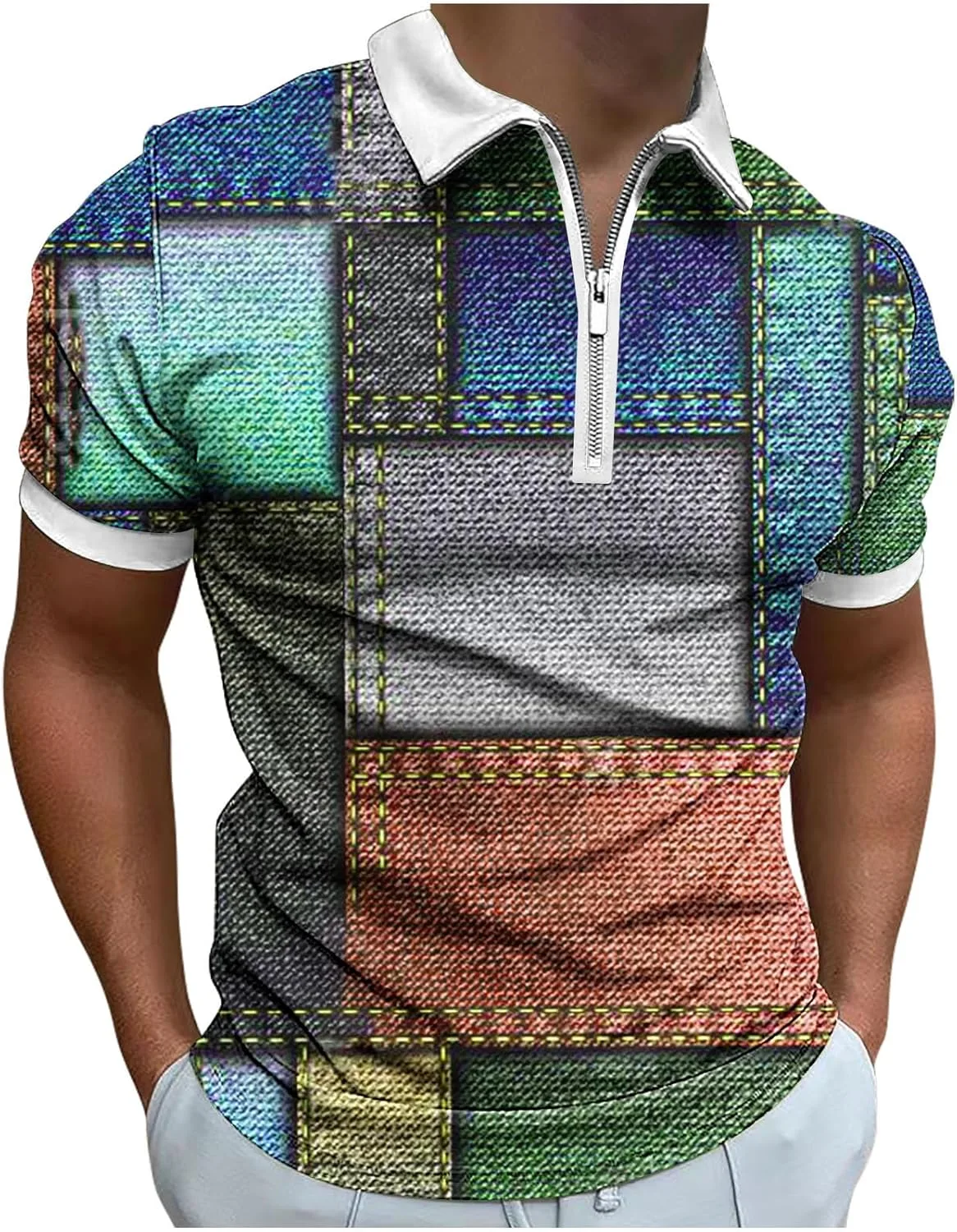 

Zeiyignr мужская поло с молнией Vintage Colorblock, короткий рукав, летняя