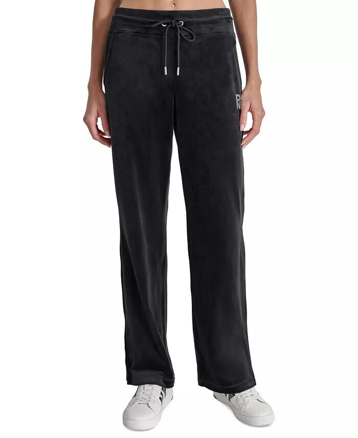 

Женские велюровые спортивные брюки с логотипом из стразов и боковыми разрезами DKNY, черный