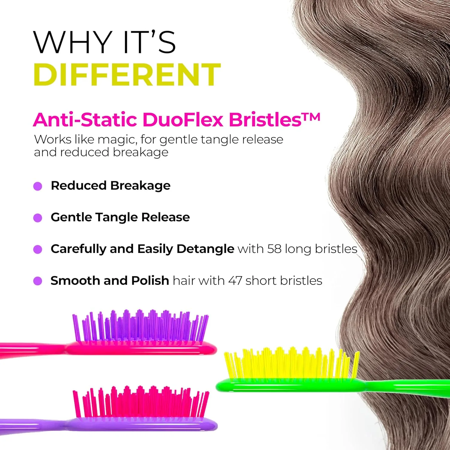 Щетка для волос FHI Heat UNbrush (набор 3 шт) - для всех типов влажных и сухих волос, безболезненное расчесывание, антистатические щетинки DuoFlex, легкая дорожная щетка (Neon Collection), Neon Collection — фото 2