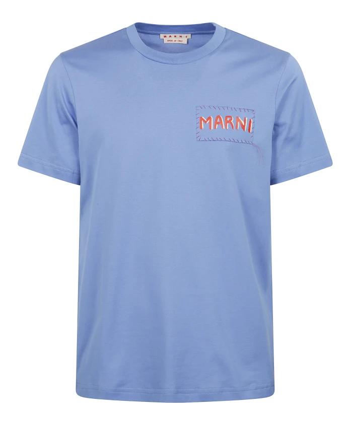 

Синяя футболка с круглым вырезом и аппликацией в виде логотипа. Marni, синий