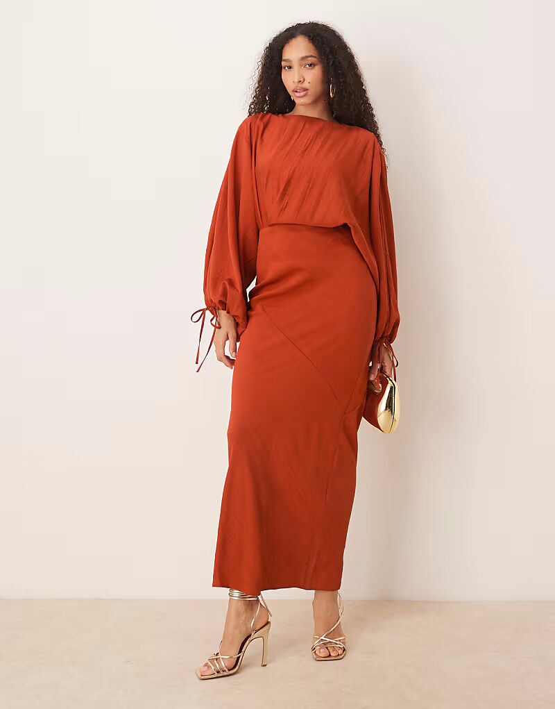 

Платье макси ASOS DESIGN с рукавами-блузками, защипами и завязкой цвета ржавчины