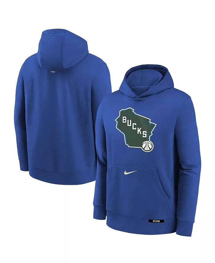 

Толстовка с капюшоном из флиса для больших мальчиков и девочек Royal Milwaukee Bucks 2024/25 City Edition Club Nike