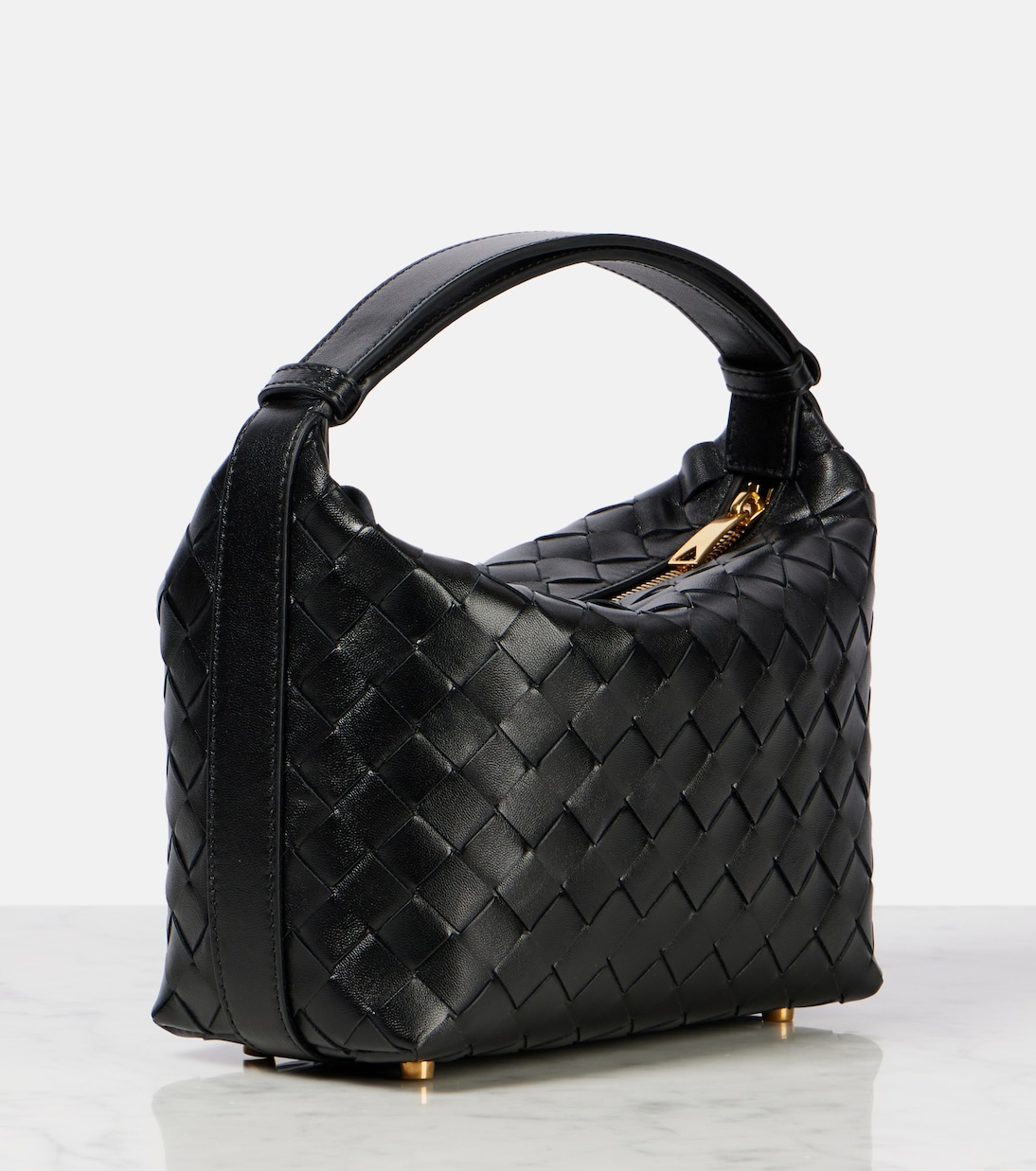 Уменьшенная кожаная сумка через плечо Wallace Mini Intrecciato Bottega Veneta, Black-Gold — фото 4