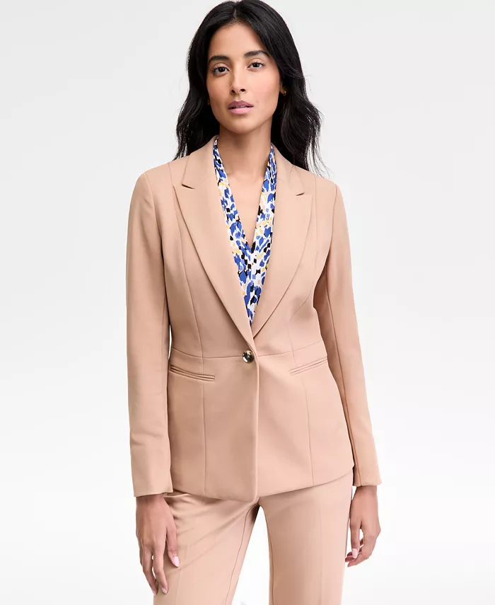 

Женский блейзер с заостренными лацканами и баской на одной пуговице, стандартный и миниатюрный Kasper, коричневый/бежевый