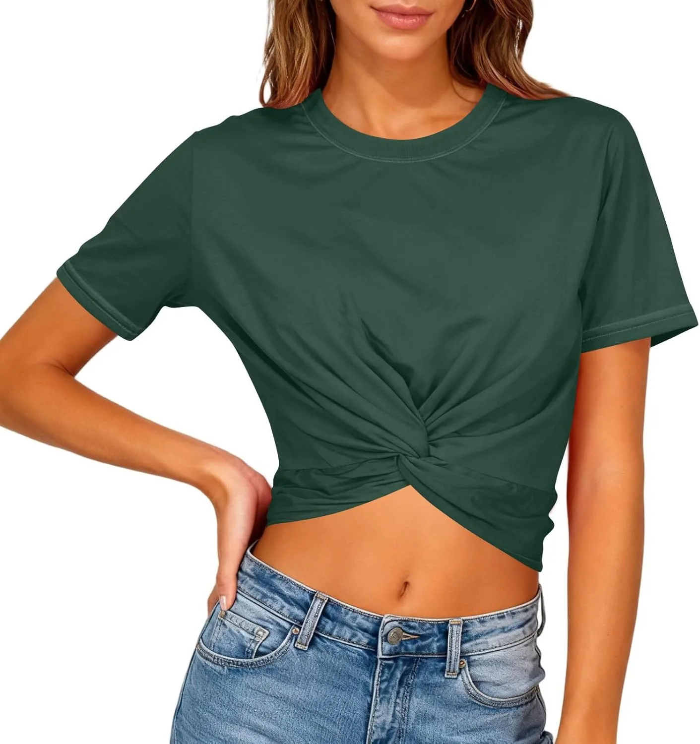 

Женская летняя блузка с коротким рукавом и круглым вырезом