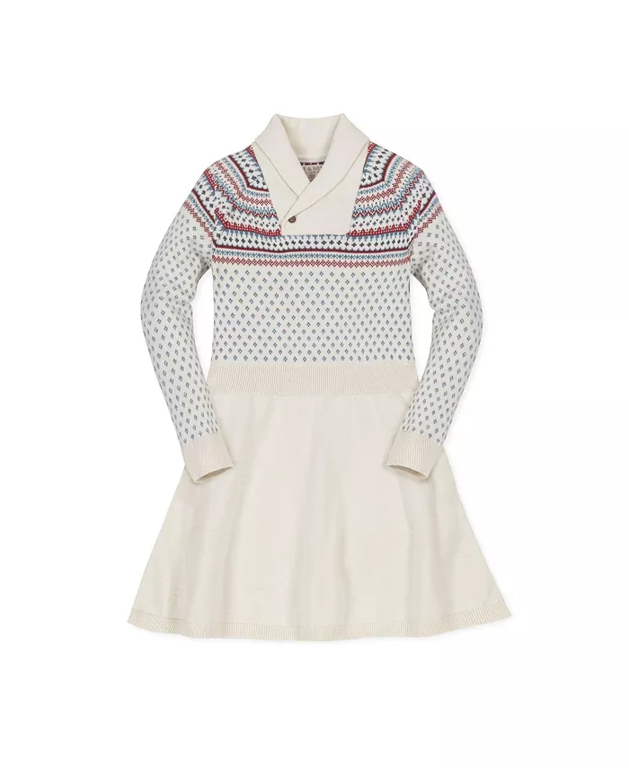 

Платье-свитер для девочек с шальным воротником и узором фэр-айл из органического материала Hope & Henry, белый