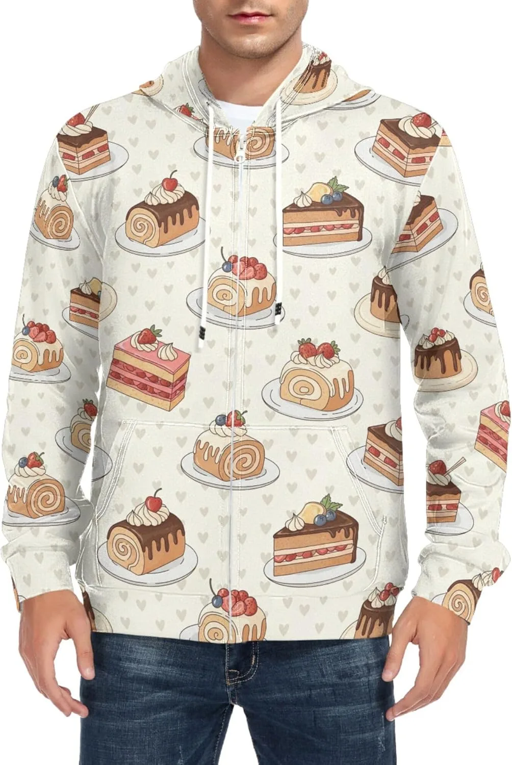 

Мужская толстовка с капюшоном на молнии, с принтом "Delicious Cakes Heart", длинный рукав, с карманом CUPADA