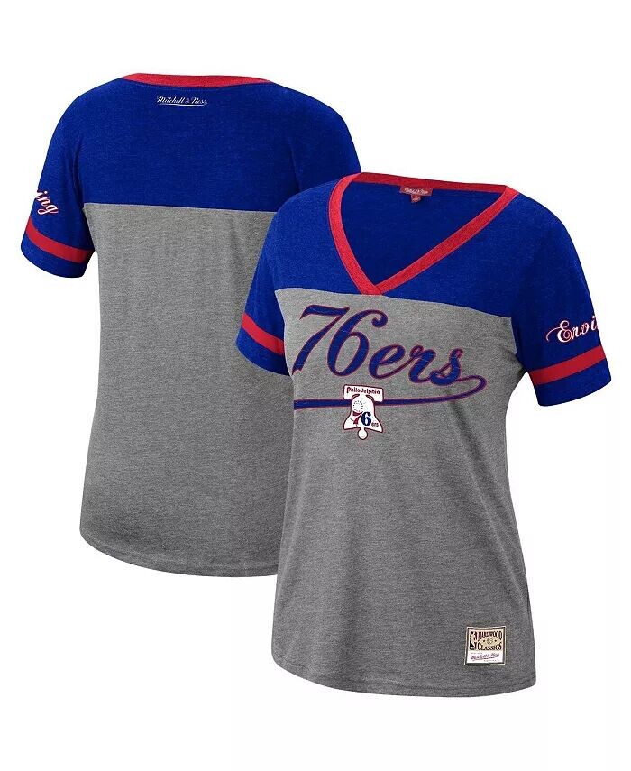 

Женская темно-серая футболка Julius Erving Heathered Philadelphia 76ers Team Captain с v-образным вырезом Mitchell & Ness