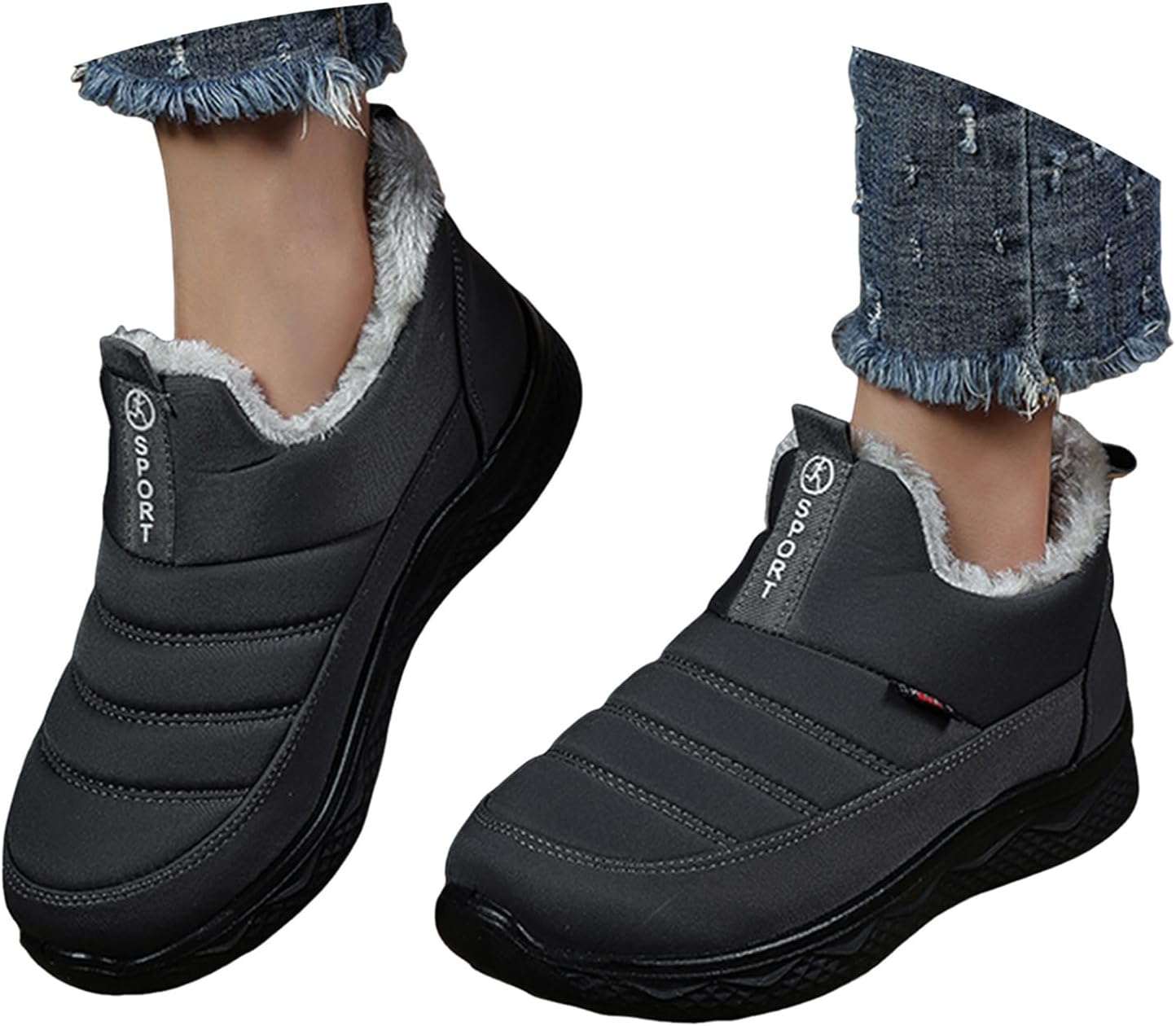 

Зимние ботинки для женщин и мужчин, классические с меховой подкладкой, теплые снегоступы, ботильоны с противоскользящей подошвой, водонепроницаемые, удобные, без шнурков, для прогулок на улице, осенние спортивные кроссовки Jyswoshoe, серый