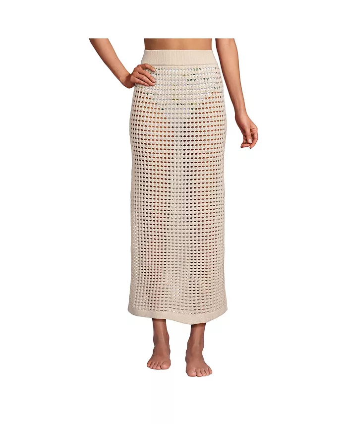 

Женская хлопковая вязаная макси-юбка для пляжа с открытой вязкой Lands' End, коричневый/бежевый