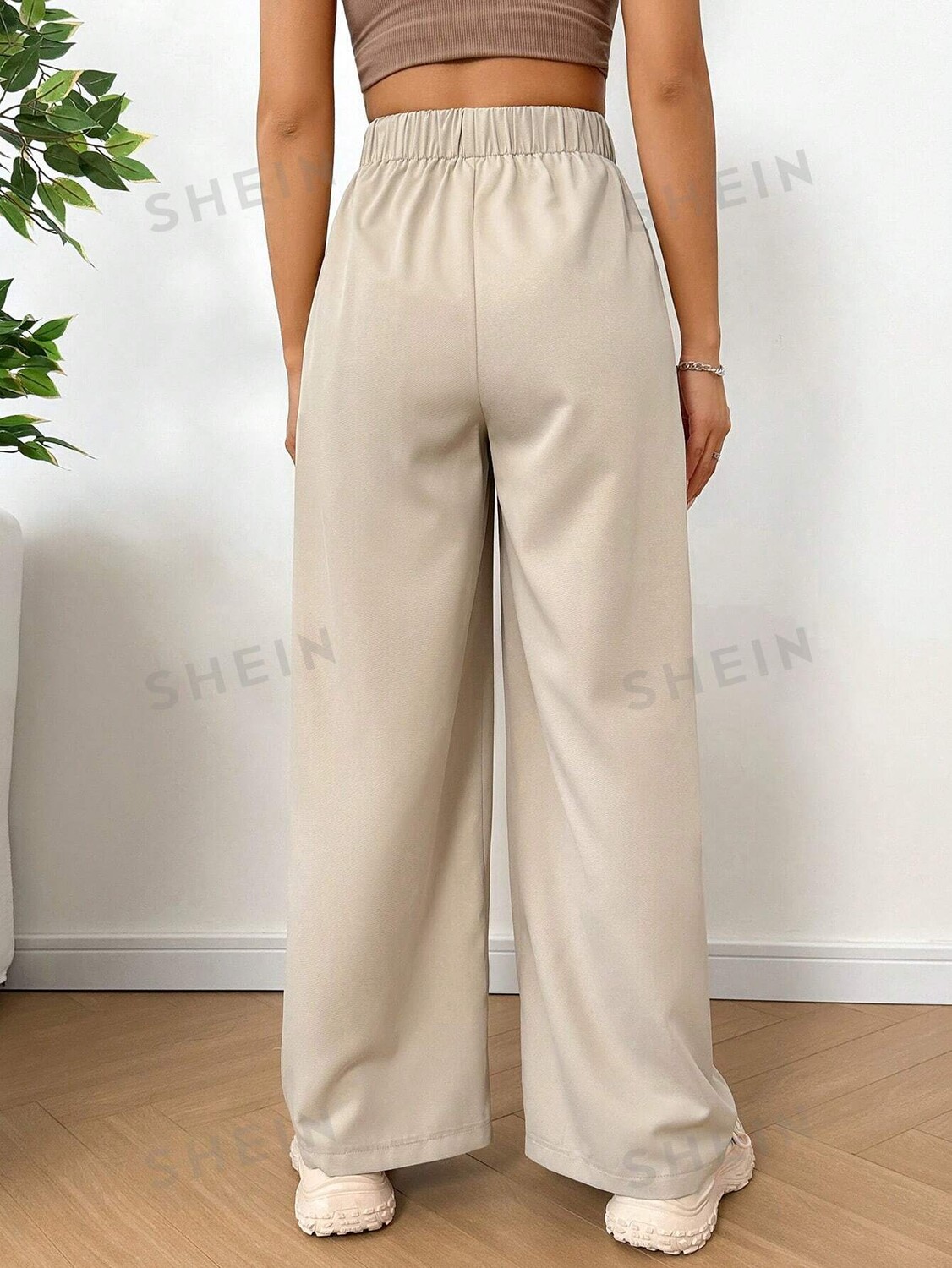 

EZwear Женские модные брюки, однотонные, широкие, длинные, для весны и лета, для дома и отдыха Shein, кремовый/бежевый