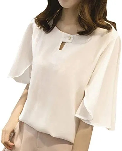 Блуза шифоновая белая Chiffon Blouse Ruffles Stand Collar Solid, белый — фото 2