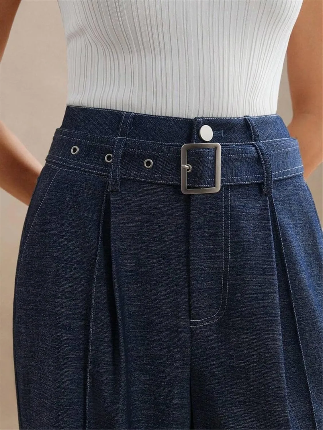 Брюки-джинсы Baggy для женщин, High-Waisted Wide Leg с поясом и карманами — фото 3
