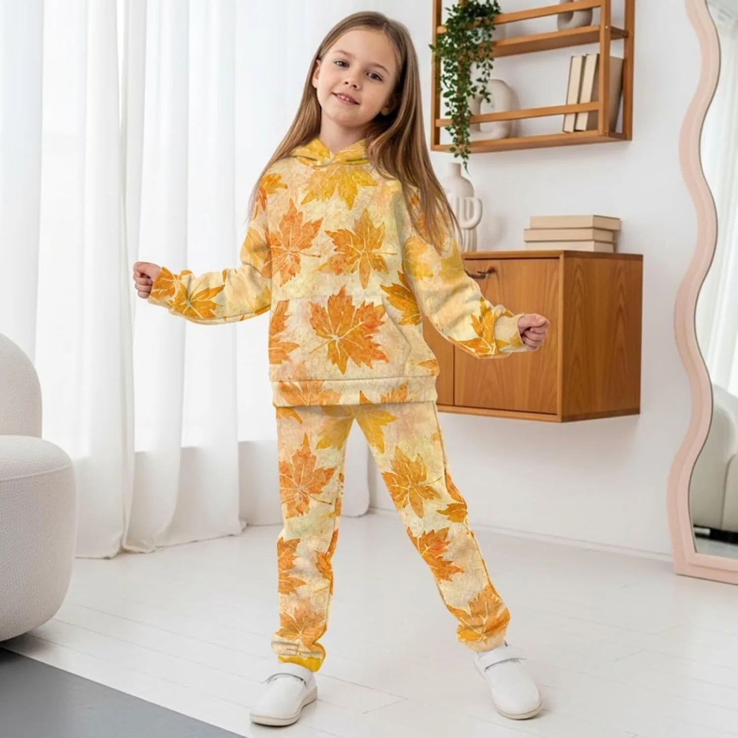 Детский спортивный костюм из флиса Pensura, 2 предмета, Yellow Maple Leaf Print — фото 3