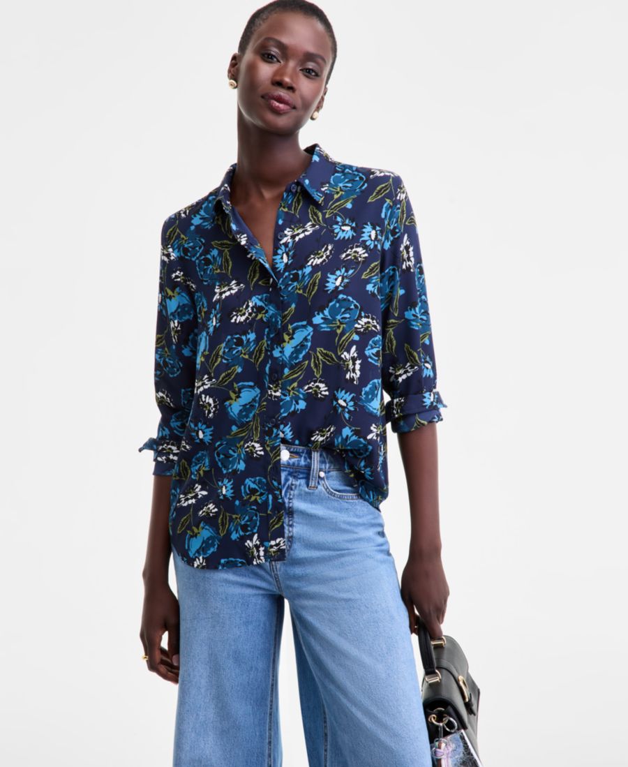 

Женская шелковая рубашка с принтом и застежкой на пуговицы On 34th, Floral Blue Combo