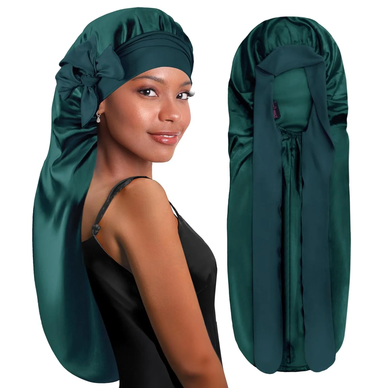 Длинный шелковый чепчик для сна BONNET QUEEN, темно-зеленый, L Bonnet Queen, Dark Green