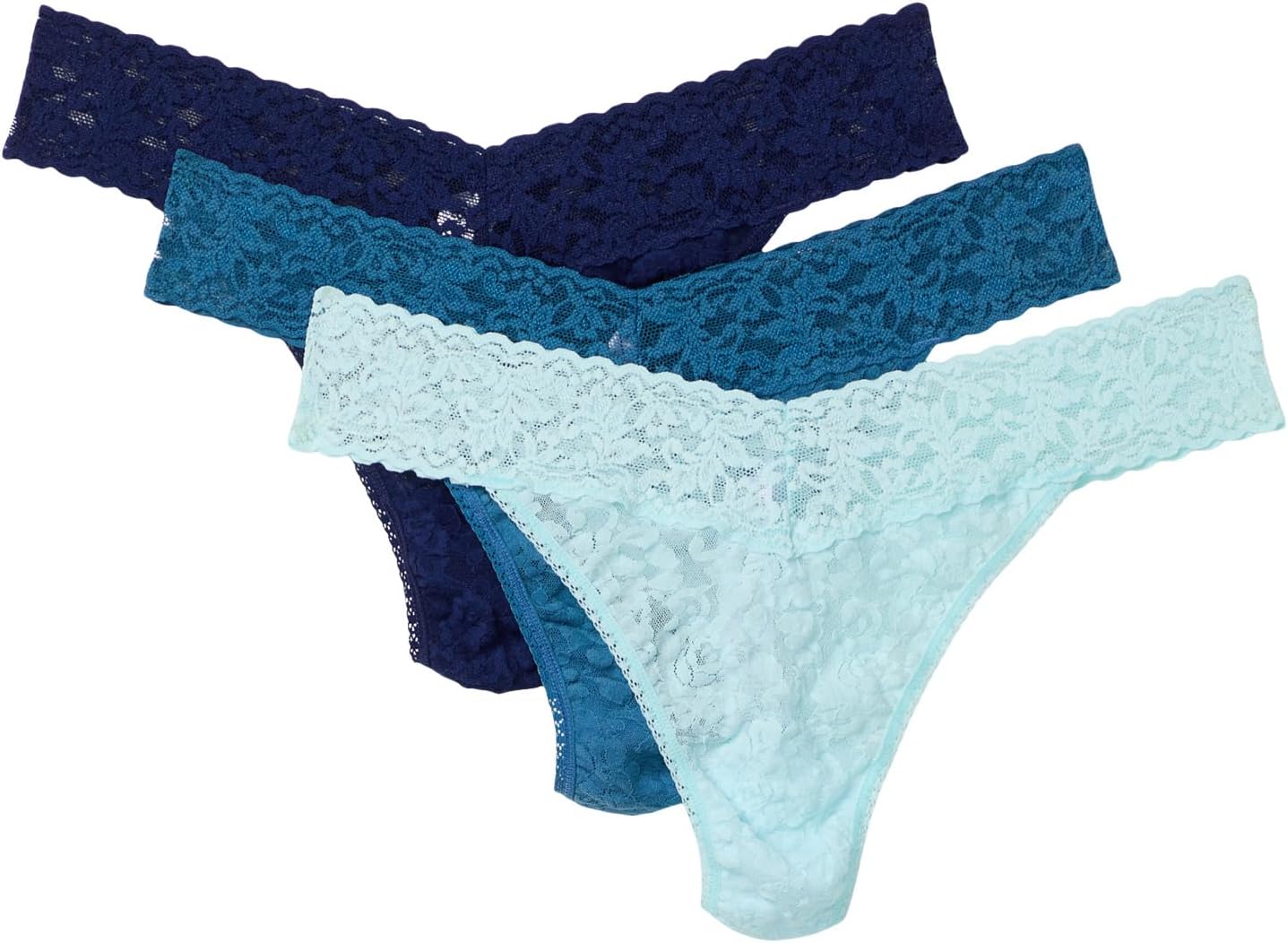 

Стринги Hanky Panky Signature Lace Original Thong 3-Pack, цвет Odyssey Blue/Storm Cloud/Celeste