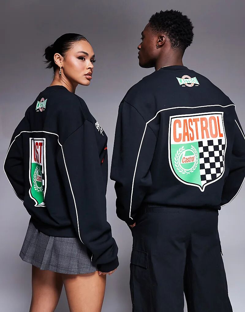 

Толстовка свободного кроя унисекс ASOS DESIGN oversize с окантовкой и принтами Castrol Racing черного цвета