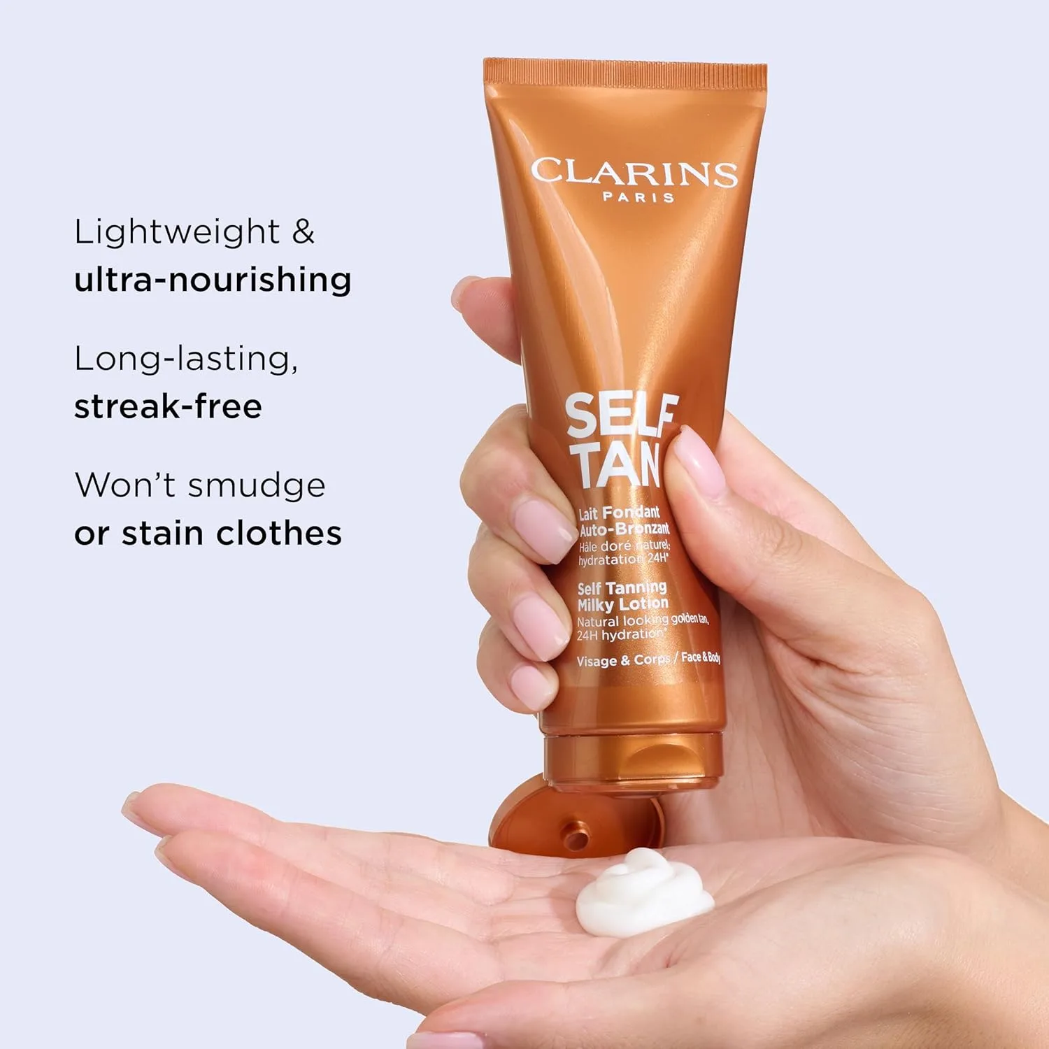 Новый молочко для автозагара от Clarins | Автозагар для лица и тела | Наслаиваемый, без разводов, стойкий, естественный эффект загара | 24 часа увлажнения* | Содержит алоэ вера и глицерин | 113 мл 127.58 г (1 шт.) — фото 3