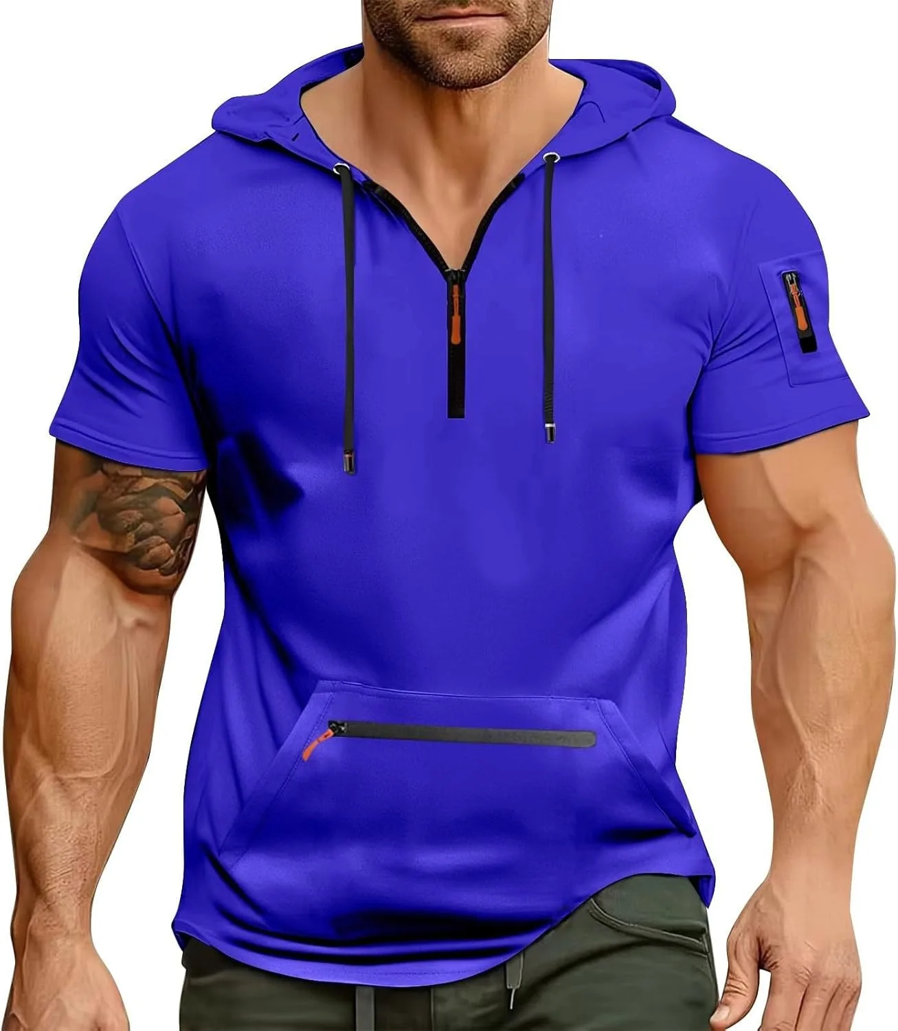 Мужская толстовка с короткими рукавами и карманами, Slim Fit