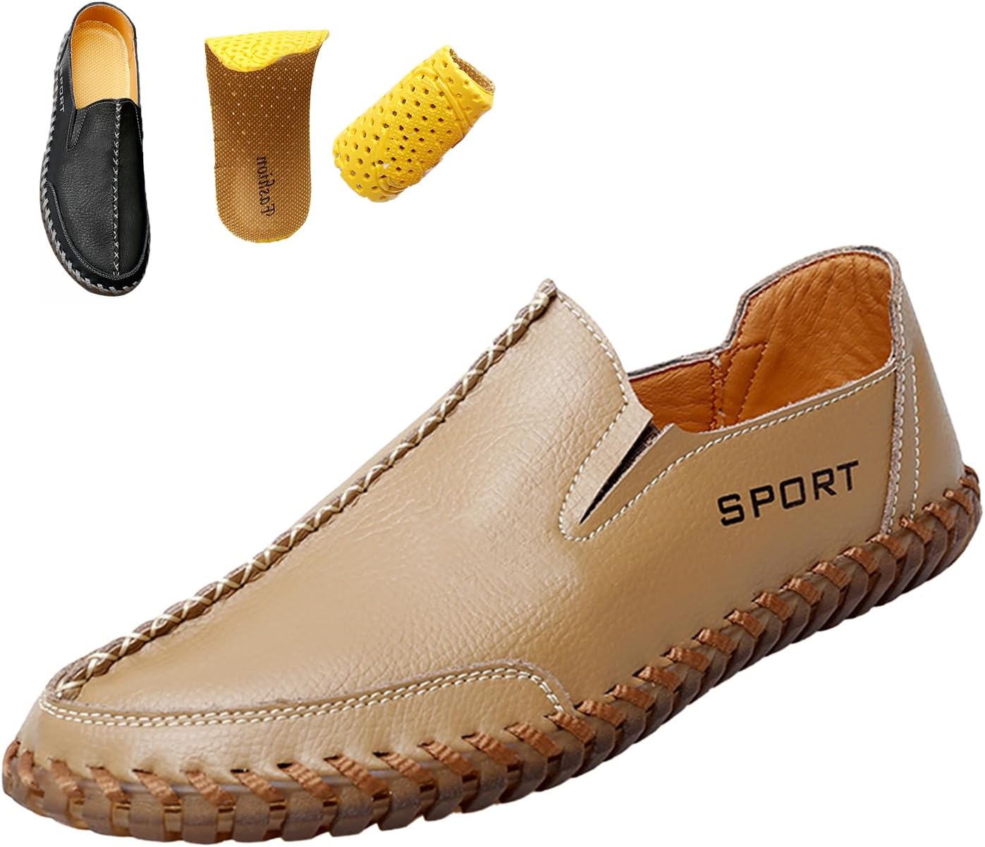 

Мужские кожаные повседневные туфли без шнурков, удобная ручная строчка, нескользящая мягкая подошва, кроссовки для вождения и ходьбы Moyowei, бежевый