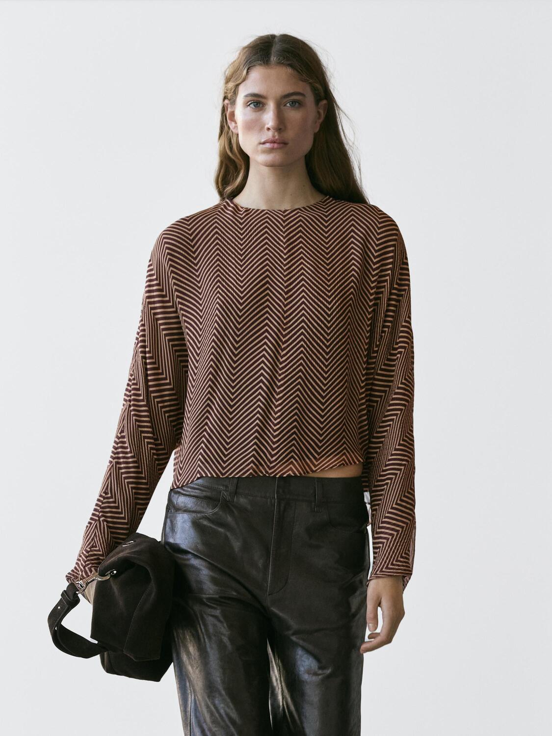 Летящая блуза с геометрическим принтом Massimo Dutti, burgundy — фото 3